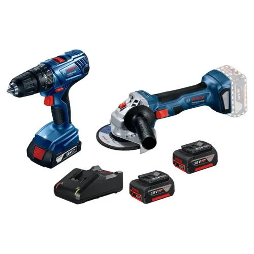 Аккумуляторный набор Bosch Professional: угловая шлифмашина GWS 180-LI с шуруповертом GSB 180-LI (1 х 2 Ач, 1 х 4 Ач, ЗУ), 0615990M36