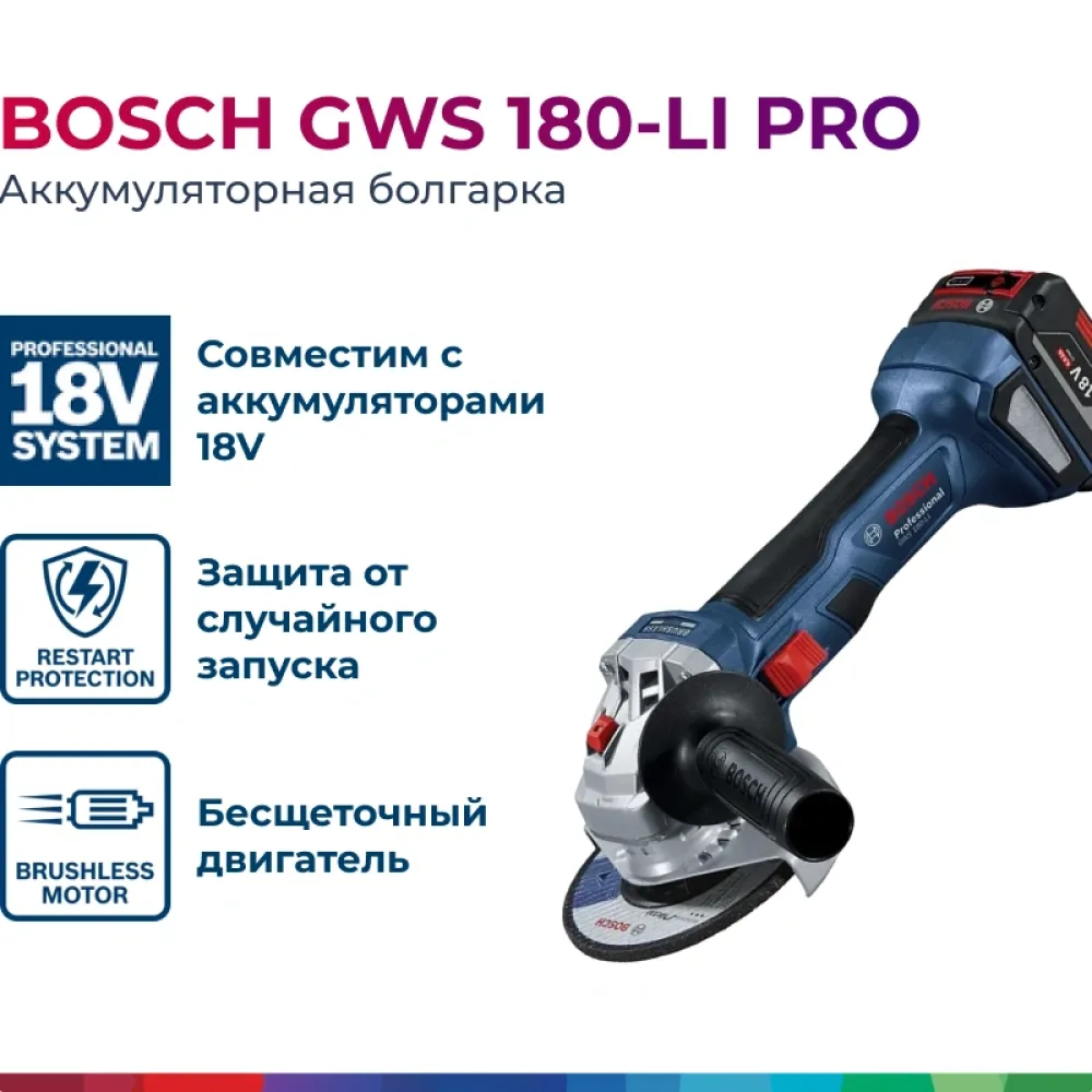 Bosch GWS 180-LI Professional аккумуляторная шлифмашина угловая (1 x 4 Ач, ЗУ), 06019H90R1