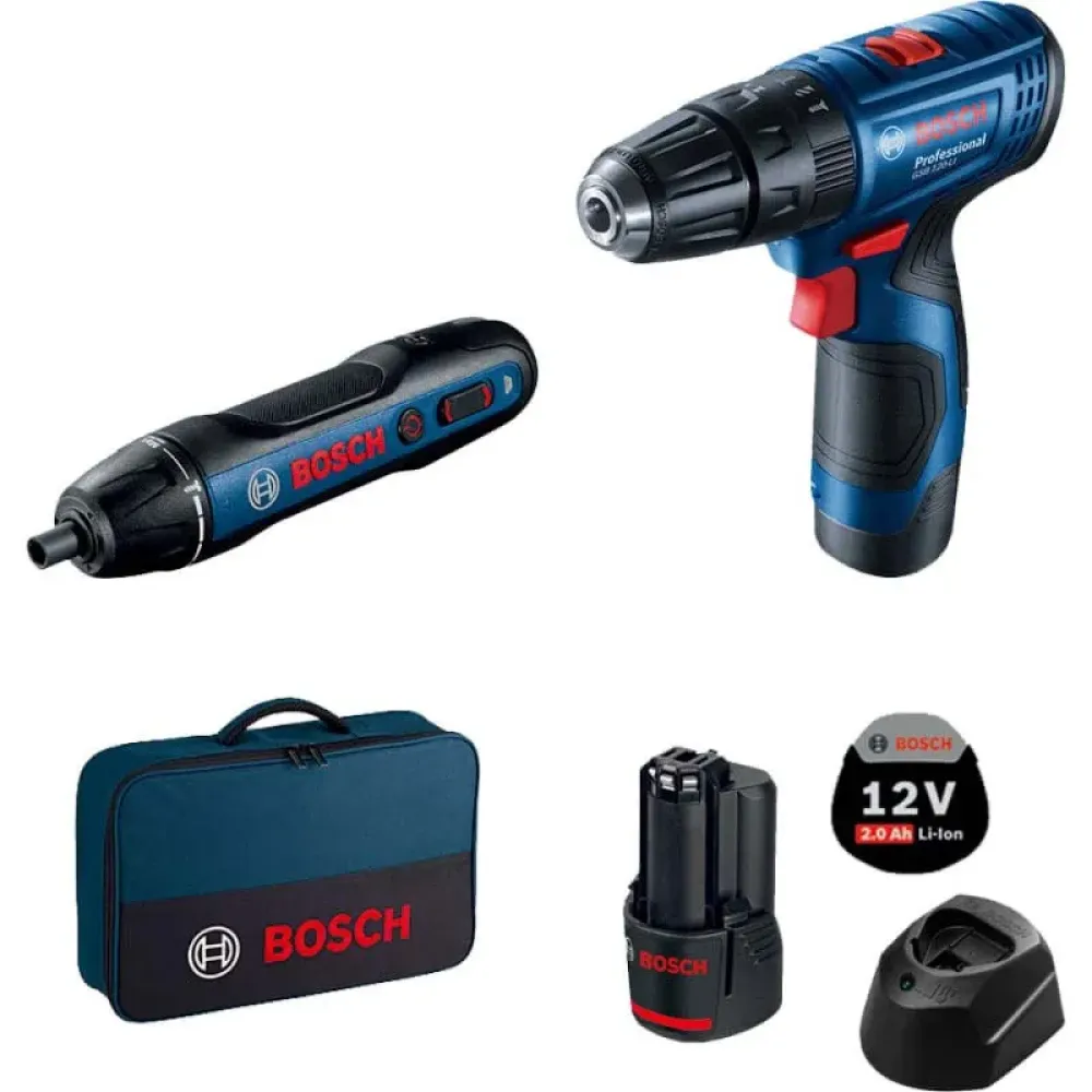 Аккумуляторный набор Bosch Professional: шуруповерт GSB 120-LI с электроотверткой GO (2 x 2 Ач, ЗУ), 06019G8124